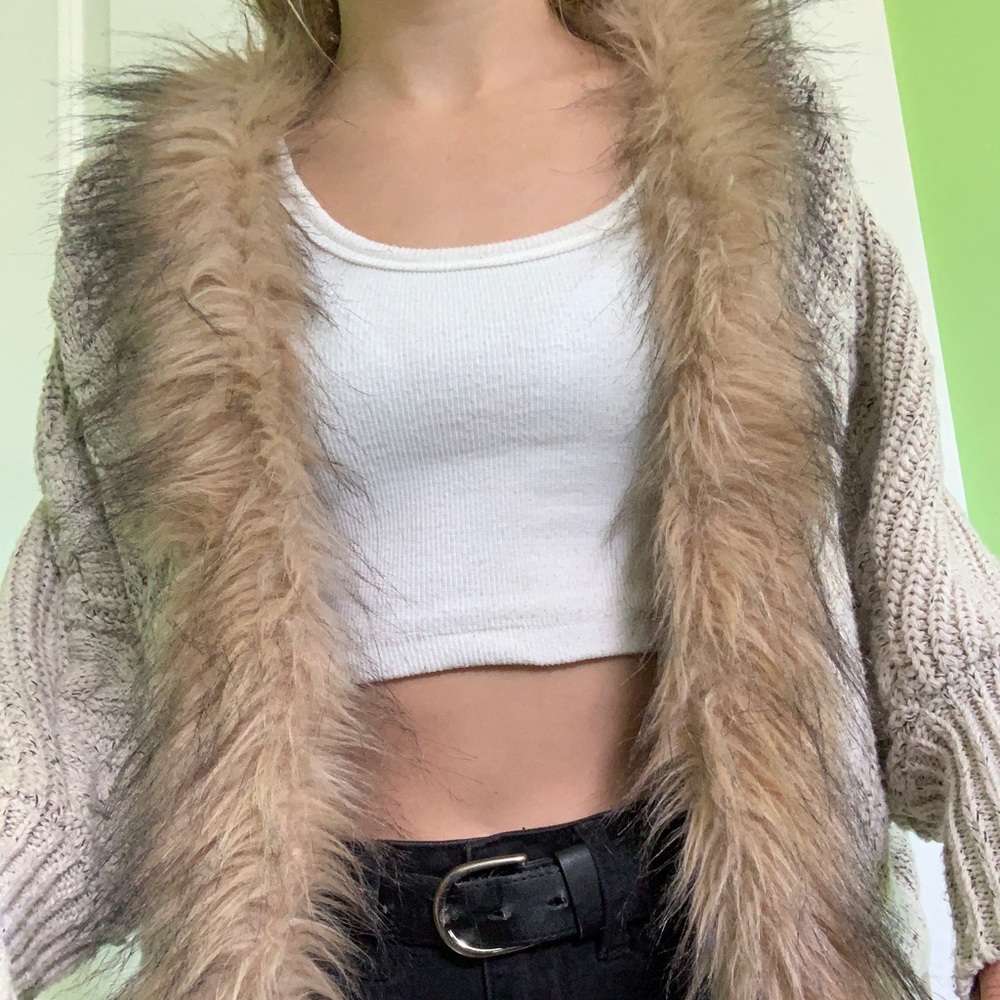 Womens faux fur knitted batwing cardigan